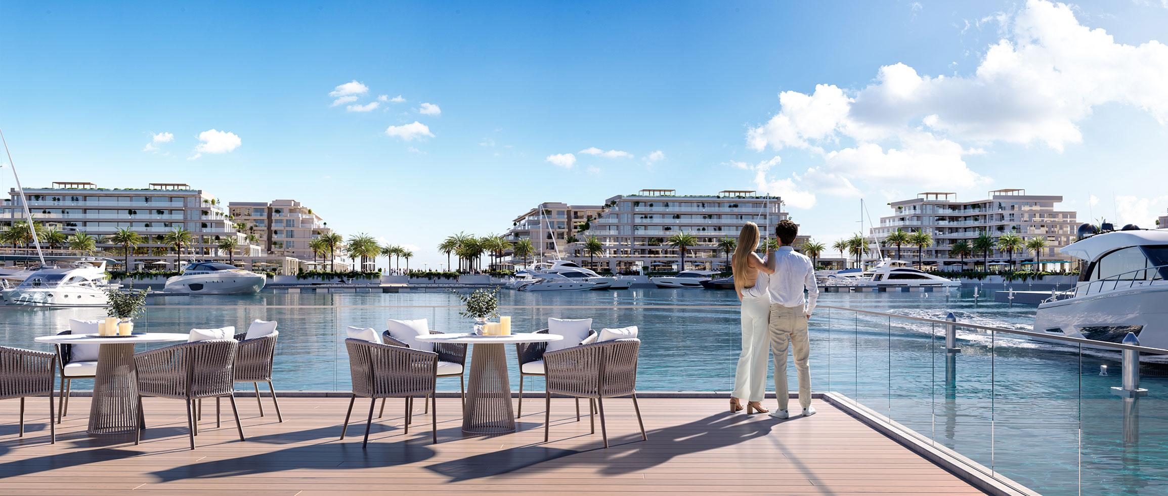 Panoramic view of Ramhan Island marina, waterfront villas, and master-planned coastal community
