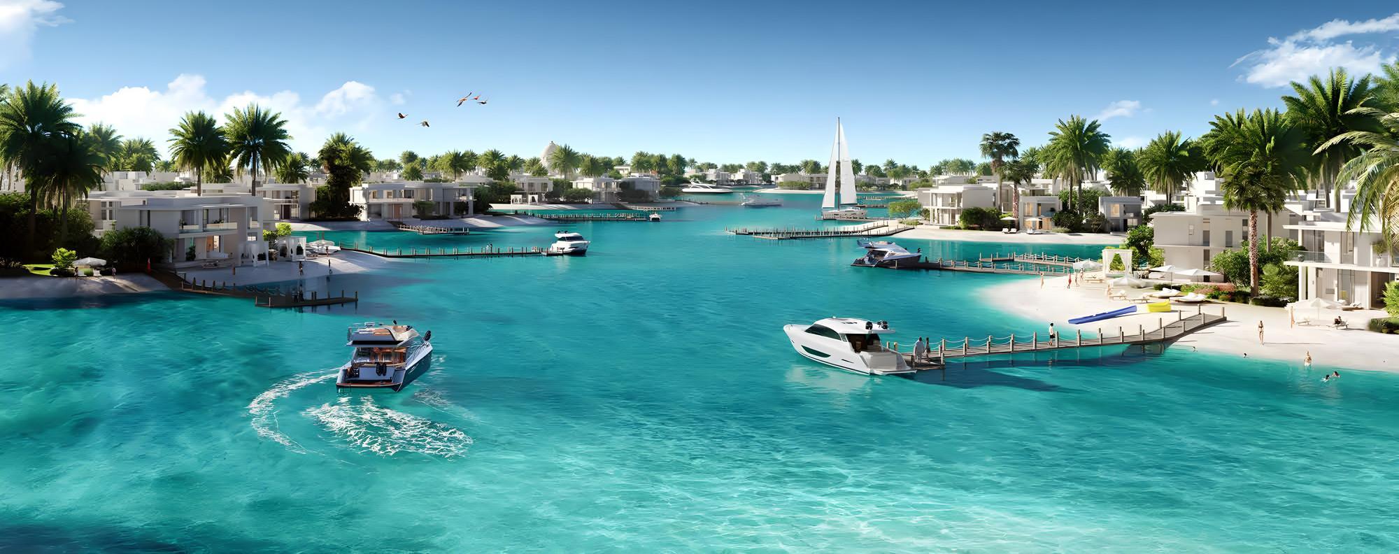 Elegant luxury villas on Ramhan Island set against crystal-clear waters and lush island greenery